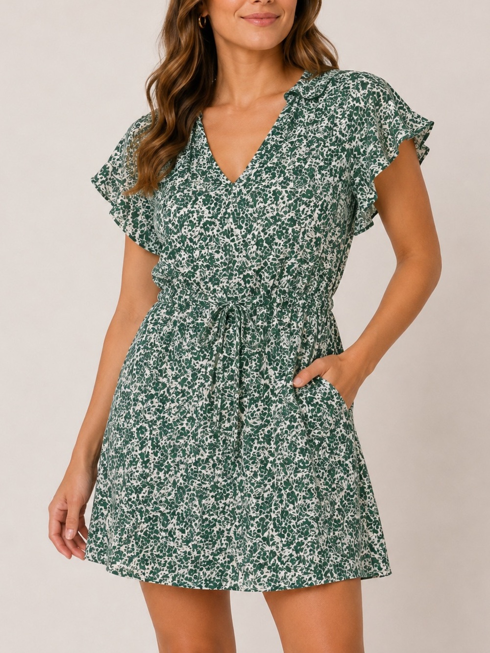 Goodthreads Green Floral V-Neck Tie-Waist Mini Dress